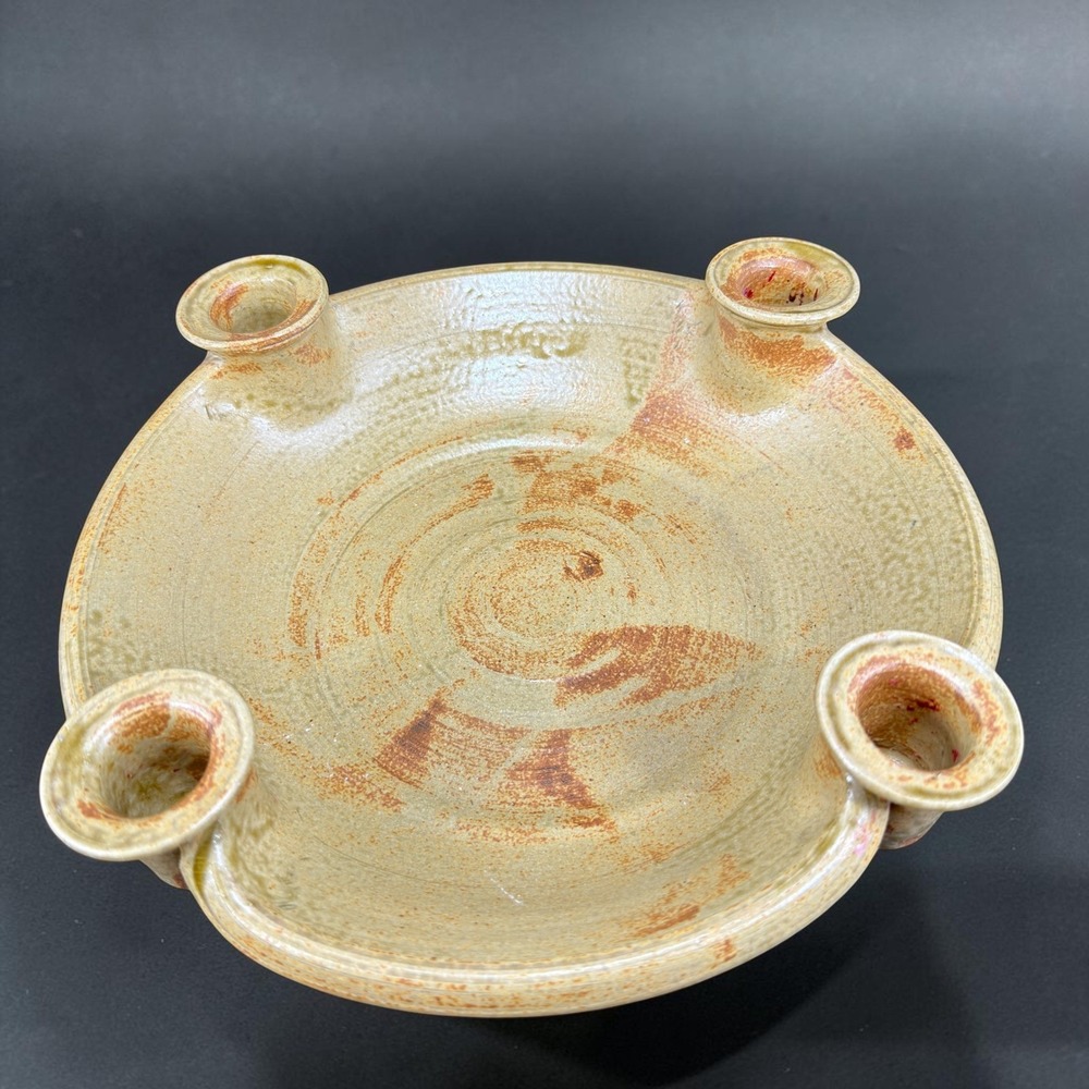 Handmade Studio Pottery 4 Cup Candle Holder Centerpiece Bowl Signed RW Tan 10"